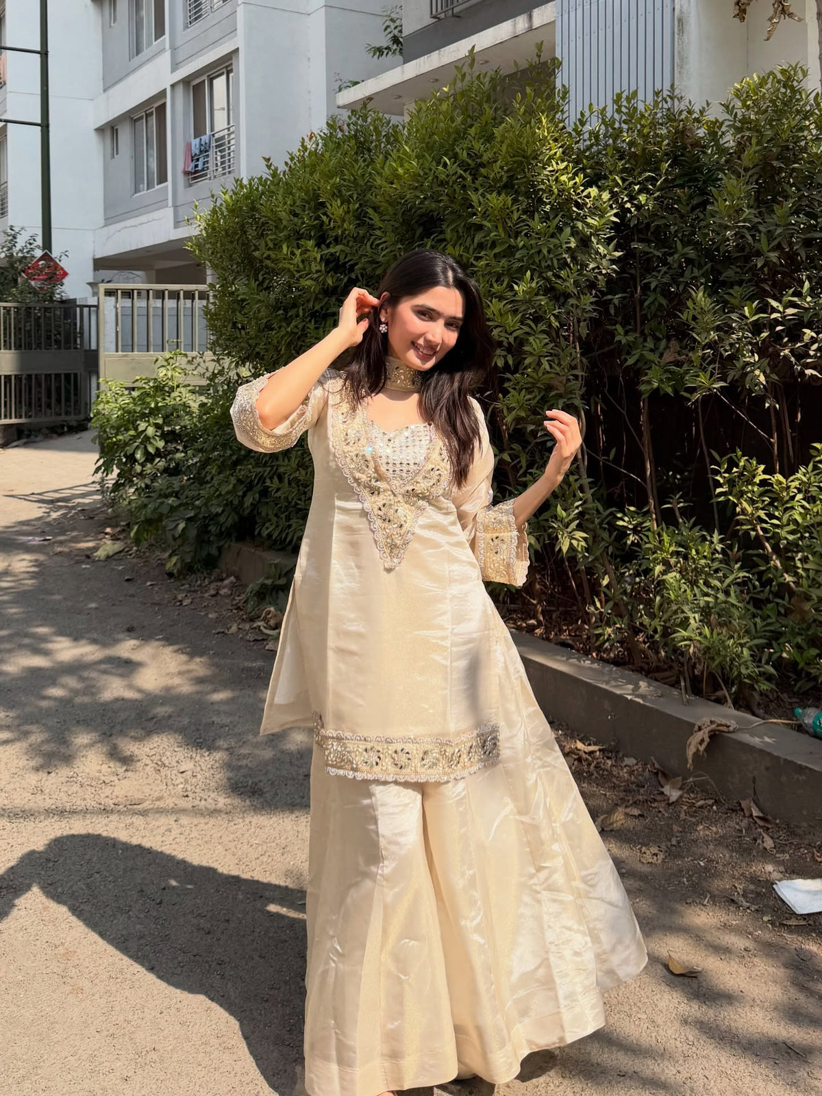 Champagne Silk Kurta Set with Real Mirror Work