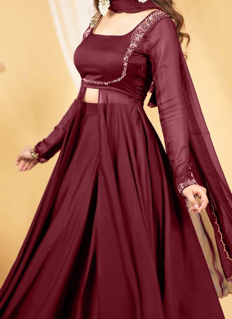Wine Maroon Silk Anarkali Suit Set with Handwork & Dupatta