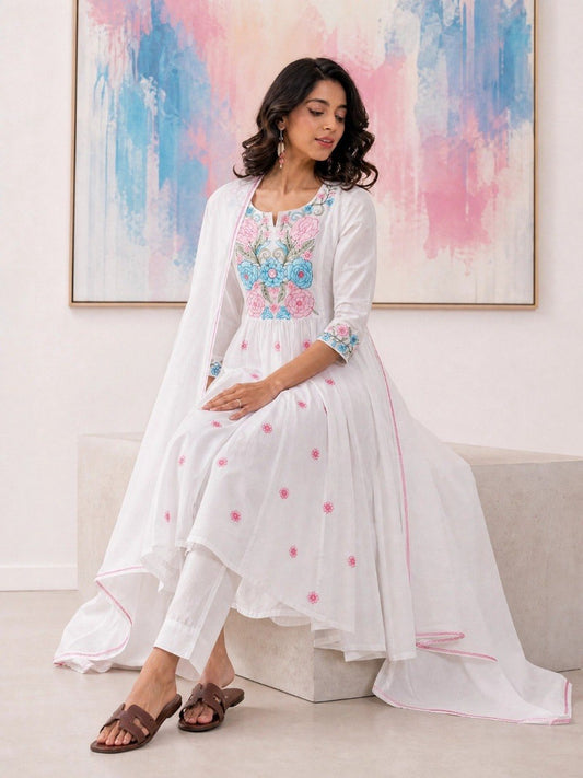 White Floral Embroidered Chanderi Anarkali Suit Set