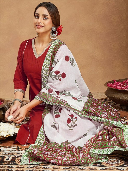 Red Zari Lace Embroidered Viscose Suit Set