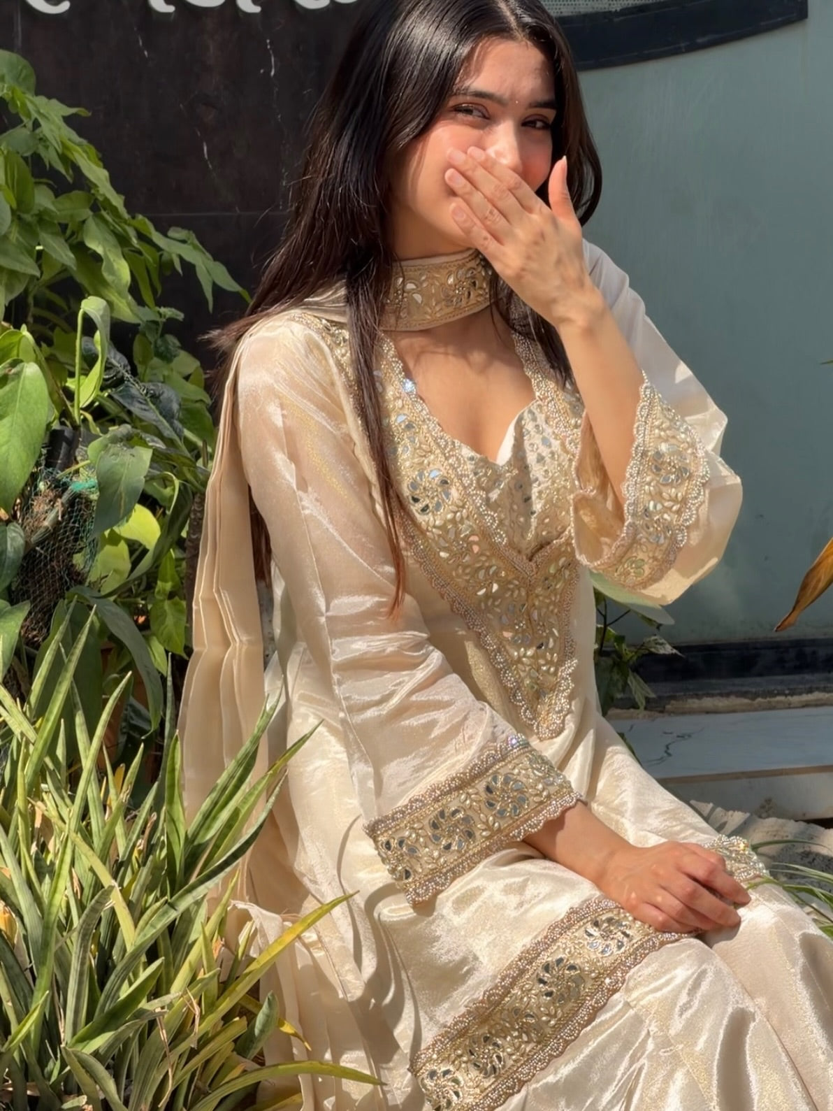 Champagne Silk Kurta Set with Real Mirror Work
