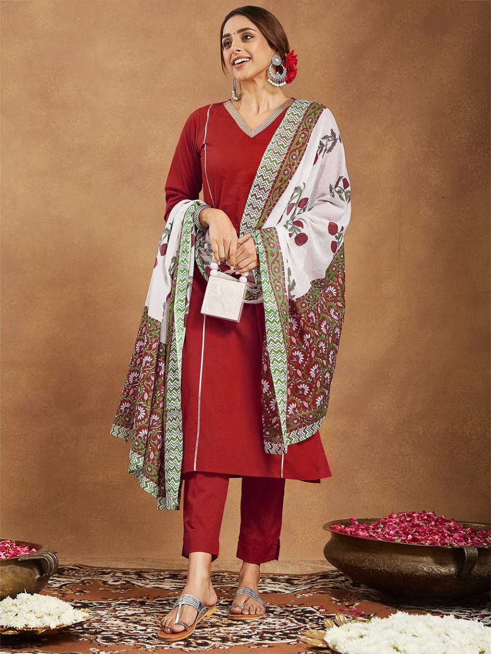 Red Zari Lace Embroidered Viscose Suit Set