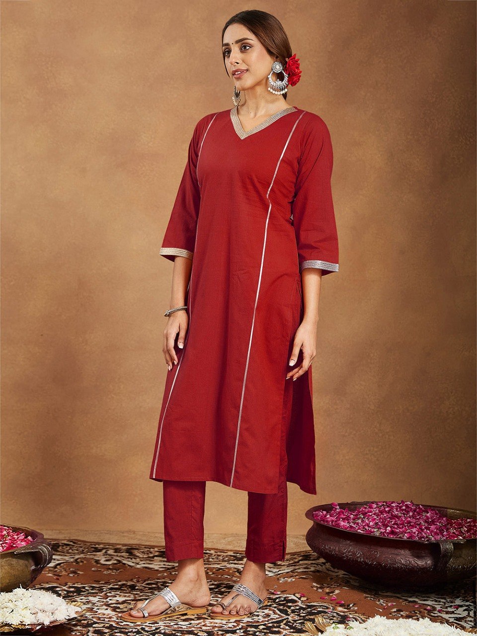 Red Zari Lace Embroidered Viscose Suit Set