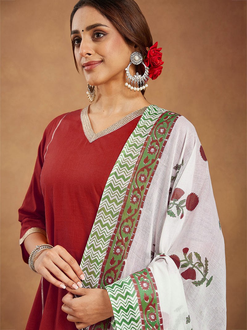 Red Zari Lace Embroidered Viscose Suit Set