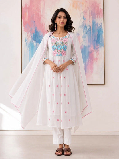 White Floral Embroidered Chanderi Anarkali Suit Set