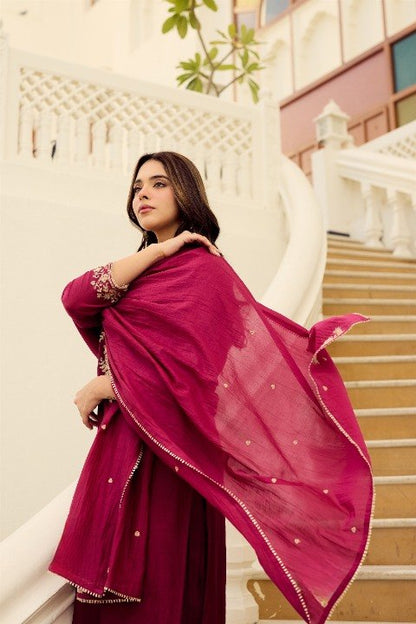 Wine Chakra Embroidered Viscose 3-Piece Suit Set