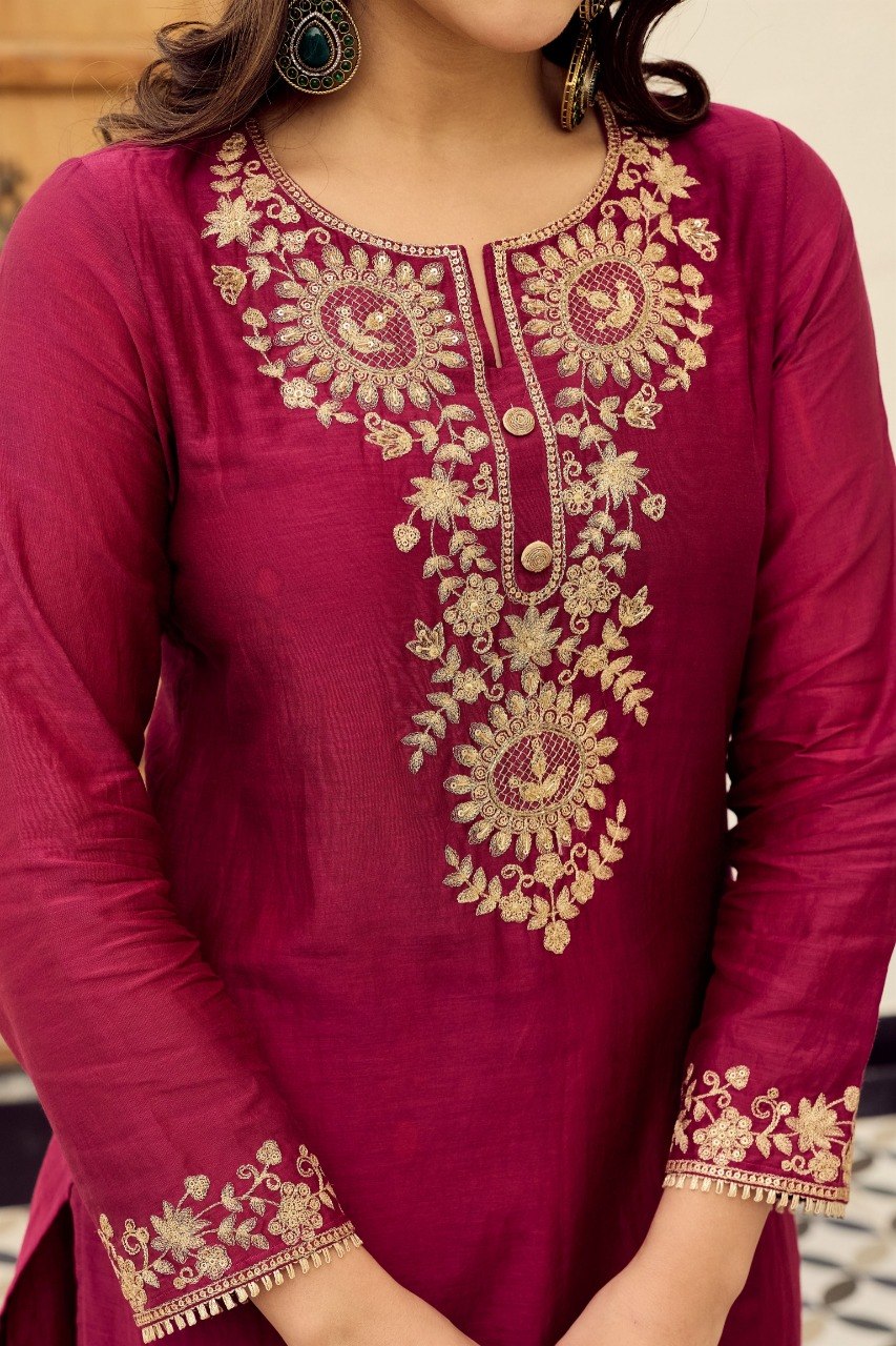 Wine Chakra Embroidered Viscose 3-Piece Suit Set