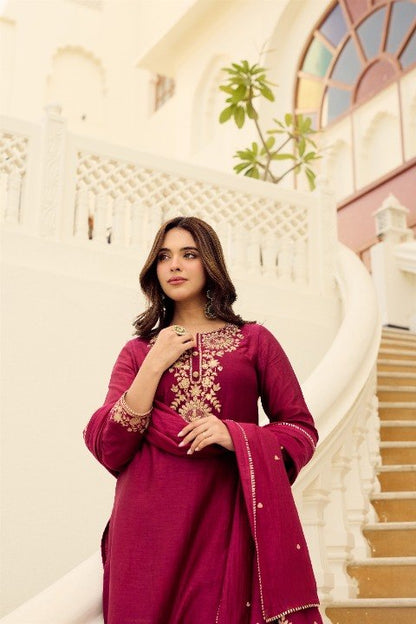 Wine Chakra Embroidered Viscose 3-Piece Suit Set