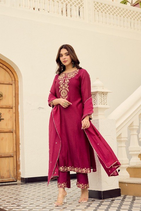 Wine Chakra Embroidered Viscose 3-Piece Suit Set