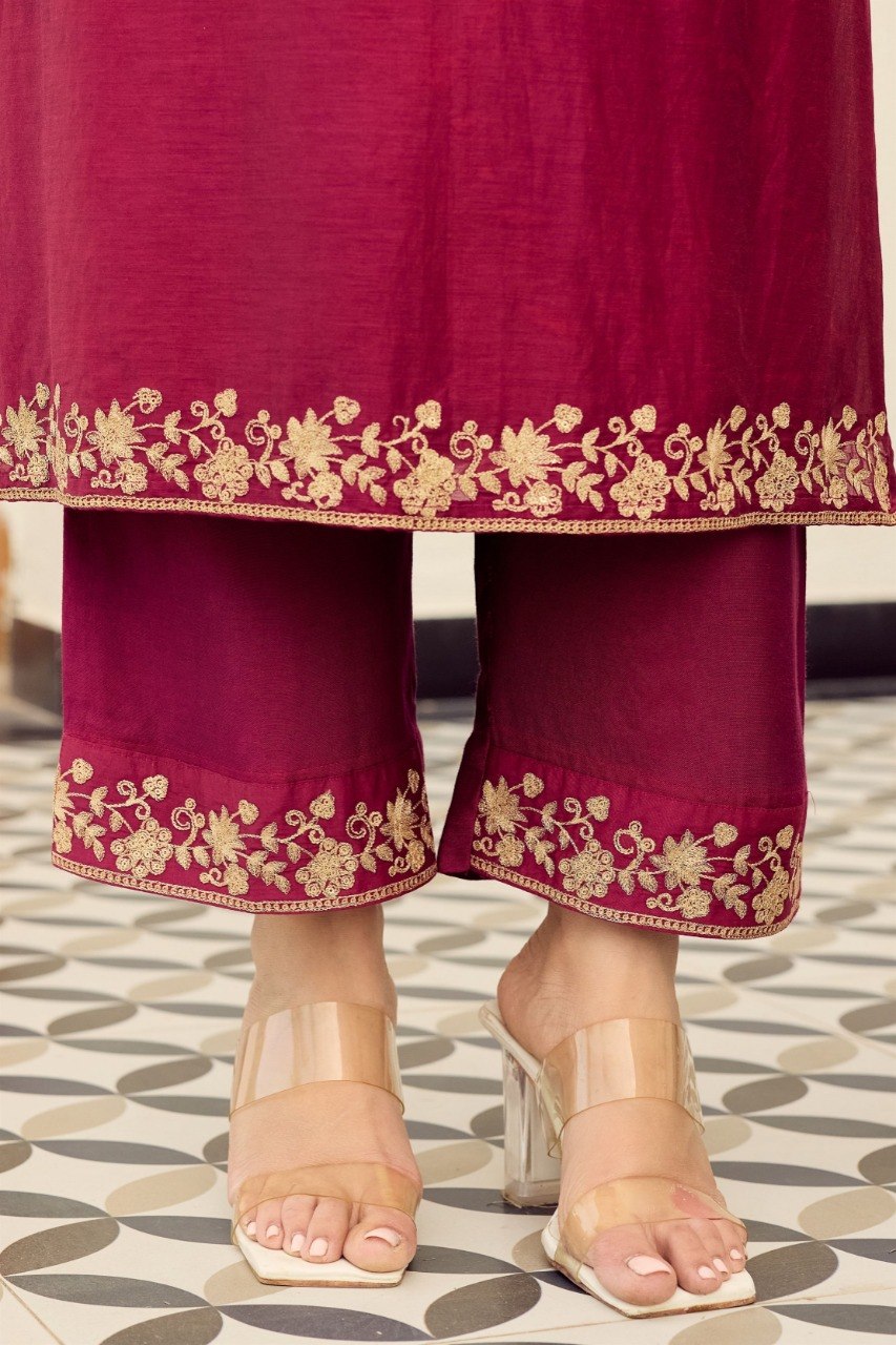 Wine Chakra Embroidered Viscose 3-Piece Suit Set