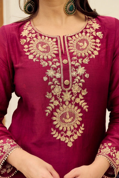 Wine Chakra Embroidered Viscose 3-Piece Suit Set