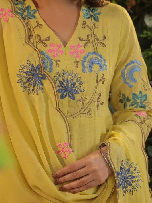 Yellow Pandadi Embroidered 3-Piece Suit Set