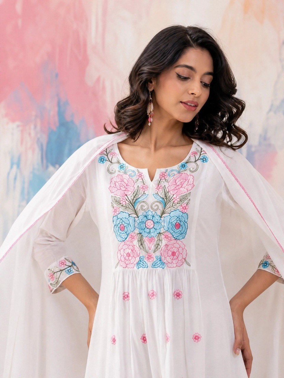 White Floral Embroidered Chanderi Anarkali Suit Set
