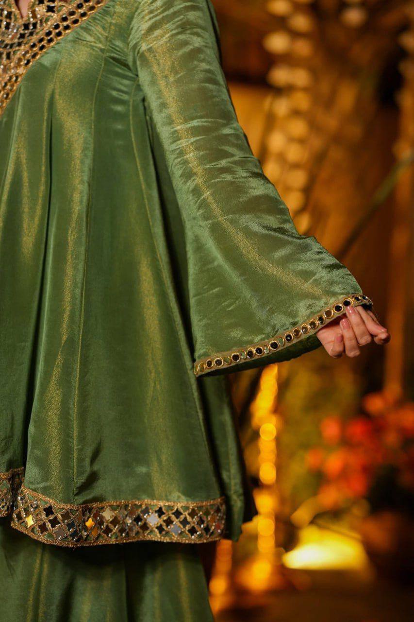 Olive Green Silk Anarkali Suit Set with Real Mirror Work