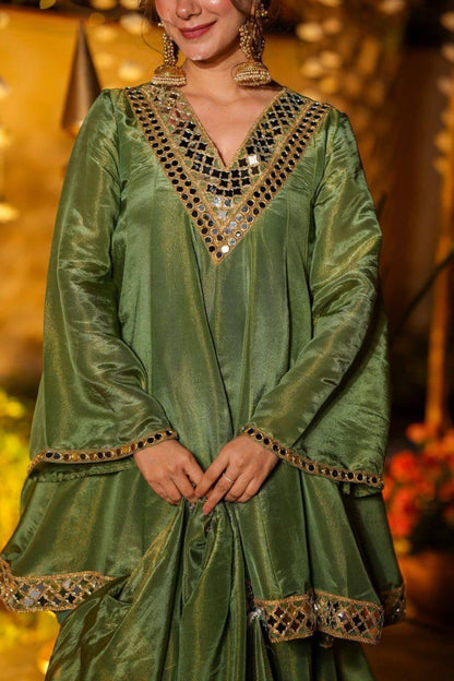 Olive Green Silk Anarkali Suit Set with Real Mirror Work