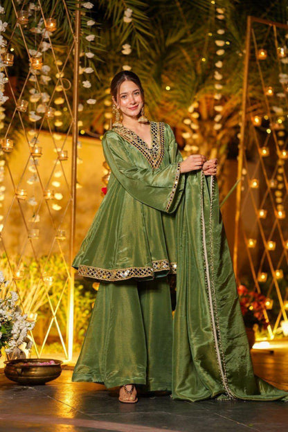Olive Green Silk Anarkali Suit Set with Real Mirror Work