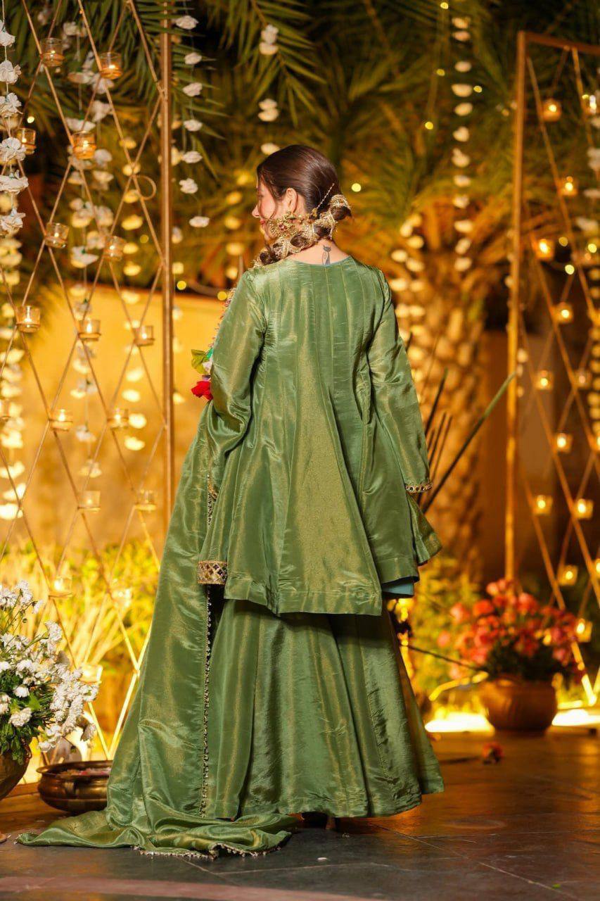 Olive Green Silk Anarkali Suit Set with Real Mirror Work