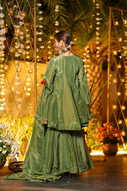 Olive Green Silk Anarkali Suit Set with Real Mirror Work