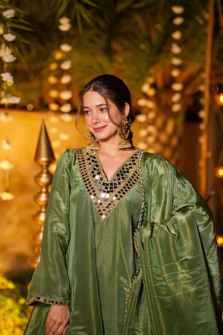 Olive Green Silk Anarkali Suit Set with Real Mirror Work