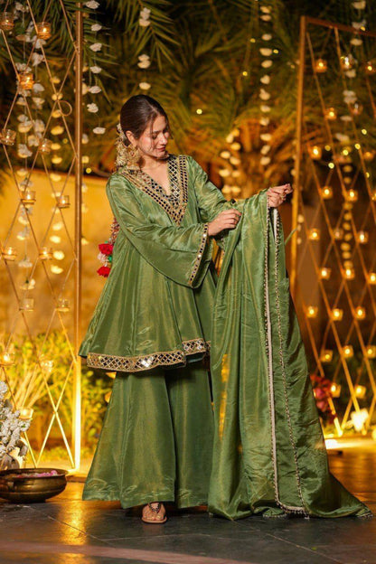 Olive Green Silk Anarkali Suit Set with Real Mirror Work