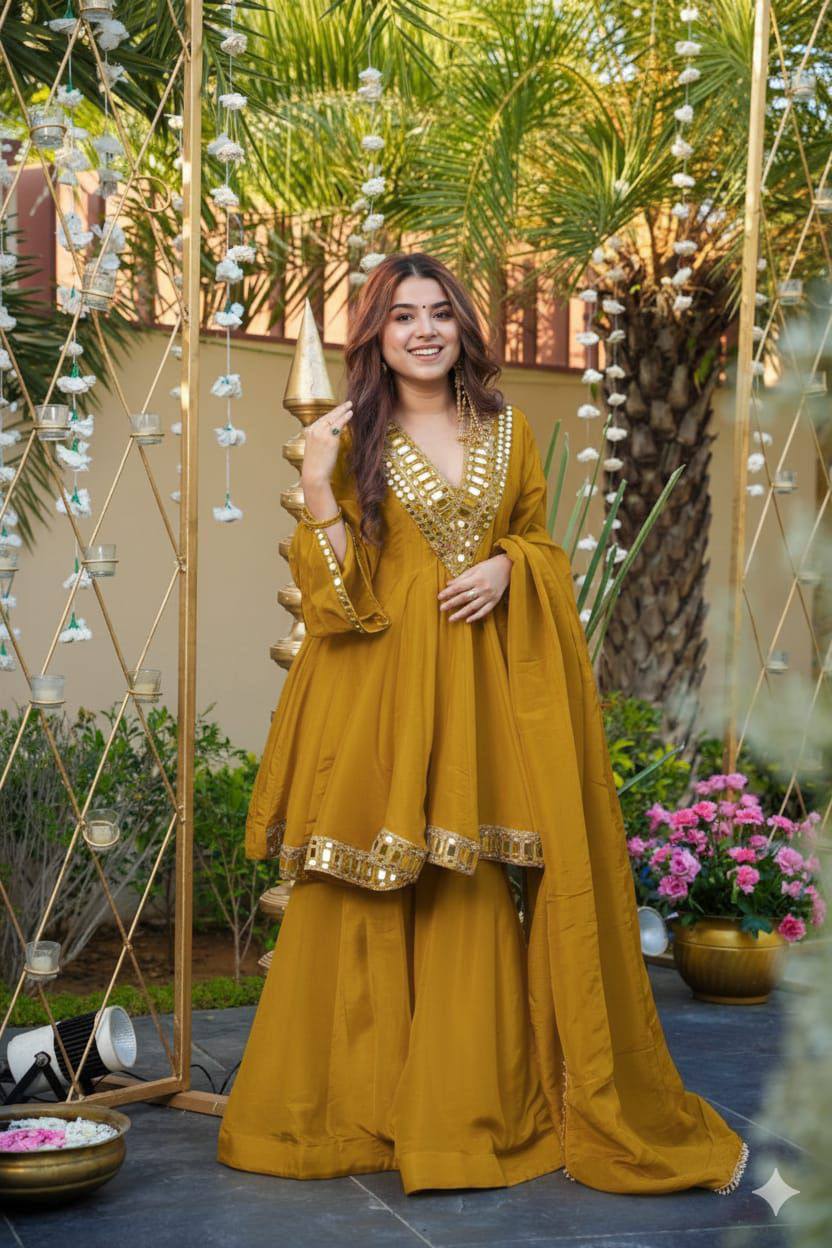 Mustard Yellow Silk Anarkali Suit Set with Mirror Work & Dupatta