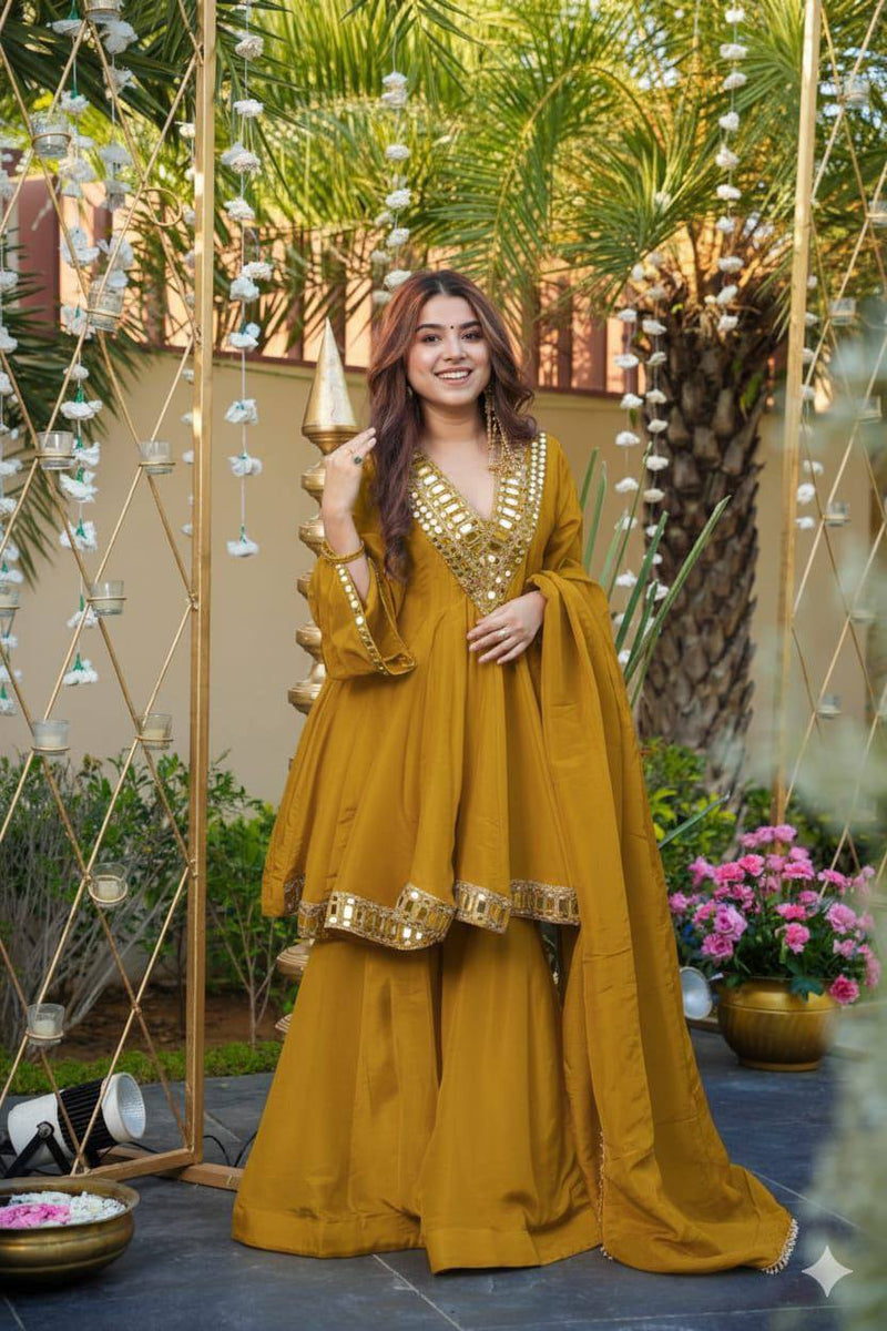 Mustard Yellow Silk Anarkali Suit Set with Mirror Work & Dupatta
