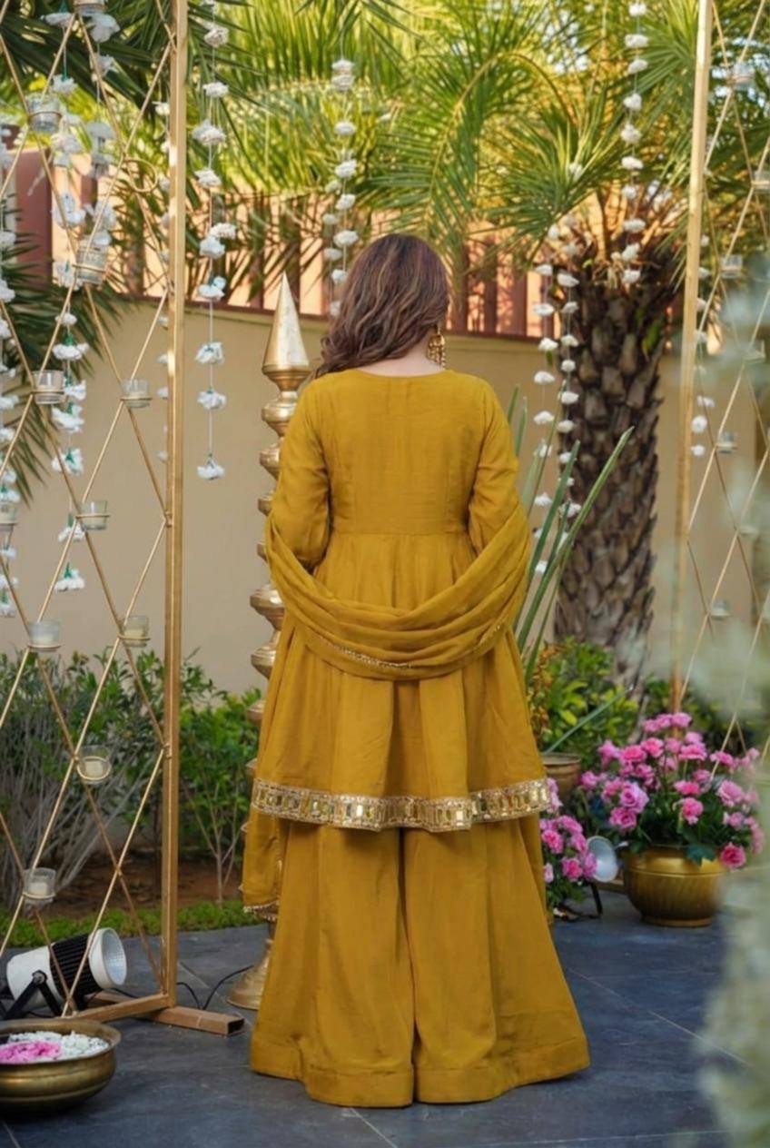 Mustard Yellow Silk Anarkali Suit Set with Mirror Work & Dupatta