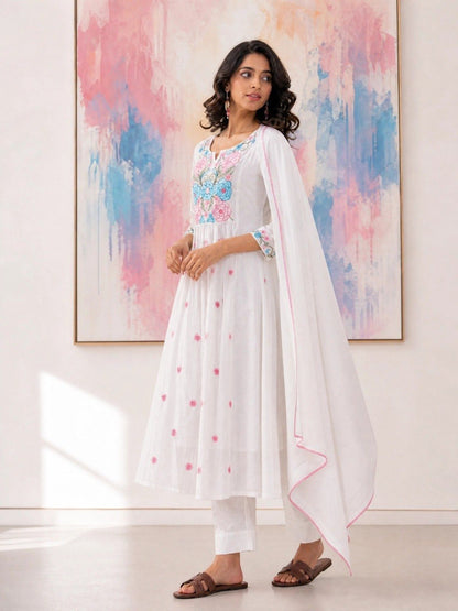 White Floral Embroidered Chanderi Anarkali Suit Set