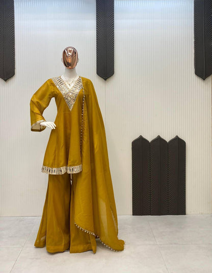 Mustard Yellow Silk Anarkali Suit Set with Mirror Work & Dupatta