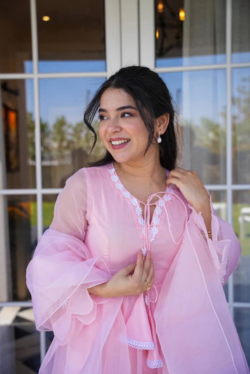 Blush Pink Organza Designer Kurta Set with Embroidery & Dupatta