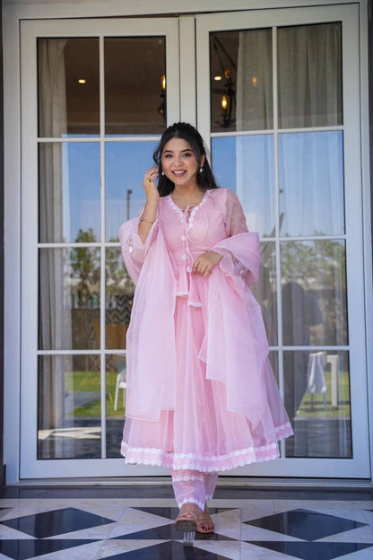 Blush Pink Organza Designer Kurta Set with Embroidery & Dupatta