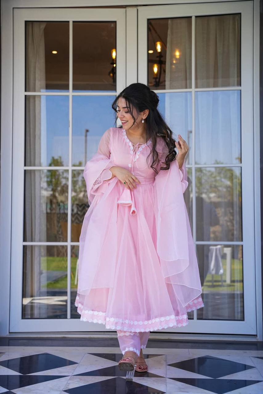 Blush Pink Organza Designer Kurta Set with Embroidery & Dupatta