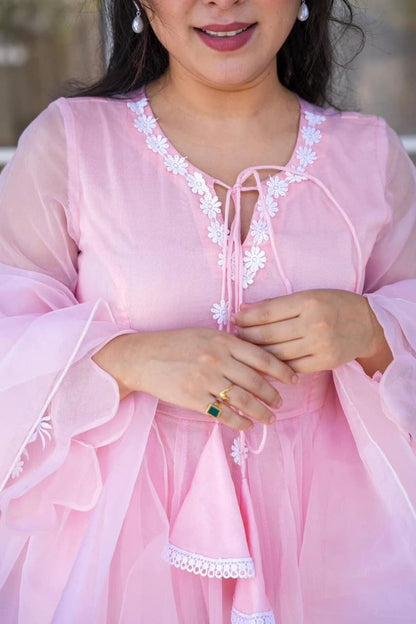 Blush Pink Organza Designer Kurta Set with Embroidery & Dupatta