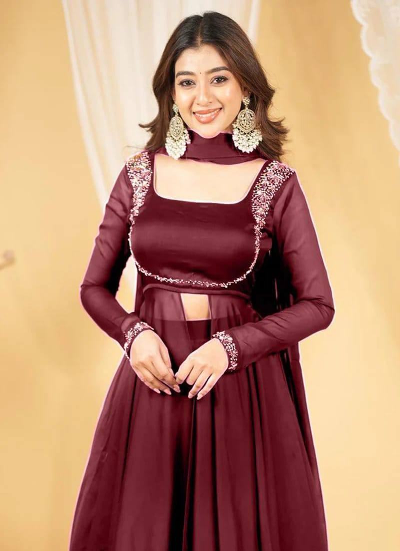 Wine Maroon Silk Anarkali Suit Set with Handwork & Dupatta