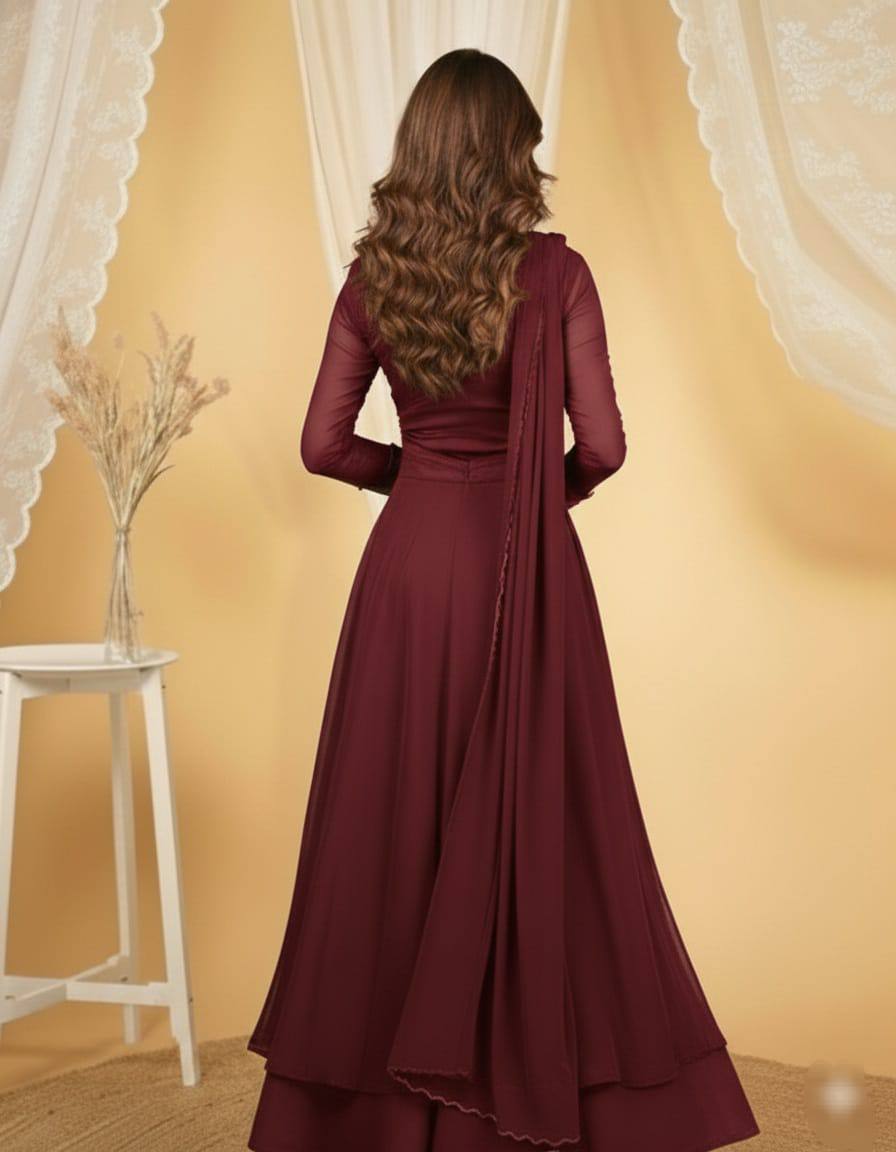 Wine Maroon Silk Anarkali Suit Set with Handwork & Dupatta