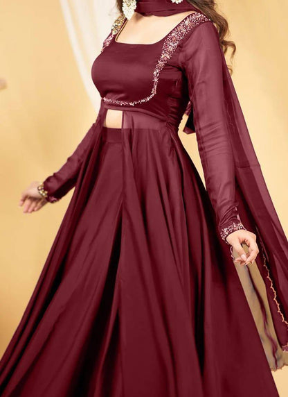 Wine Maroon Silk Anarkali Suit Set with Handwork & Dupatta