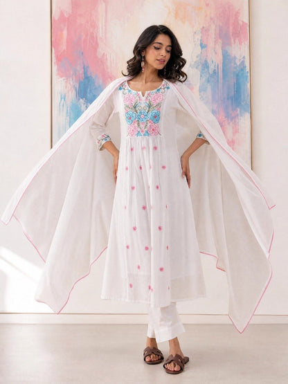 White Floral Embroidered Chanderi Anarkali Suit Set
