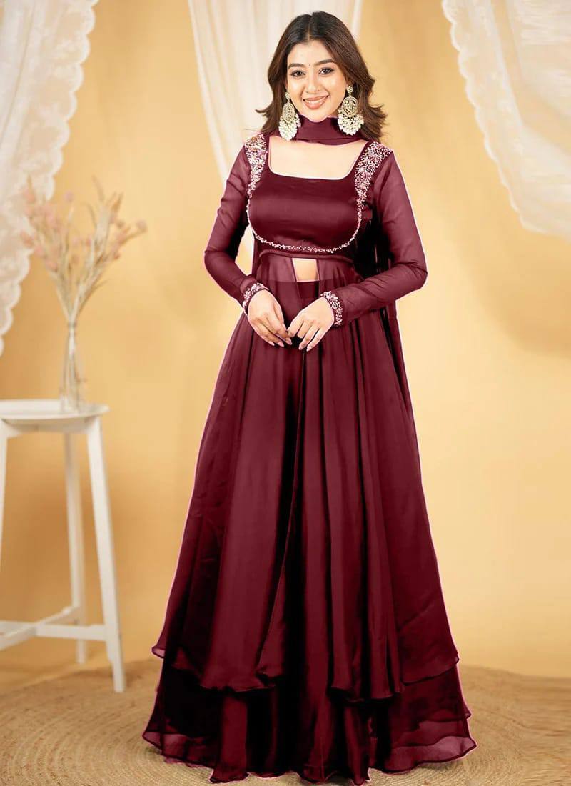 Wine Maroon Silk Anarkali Suit Set with Handwork & Dupatta