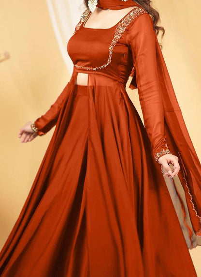 Rust Orange Silk Anarkali Suit Set with Handwork & Dupatta