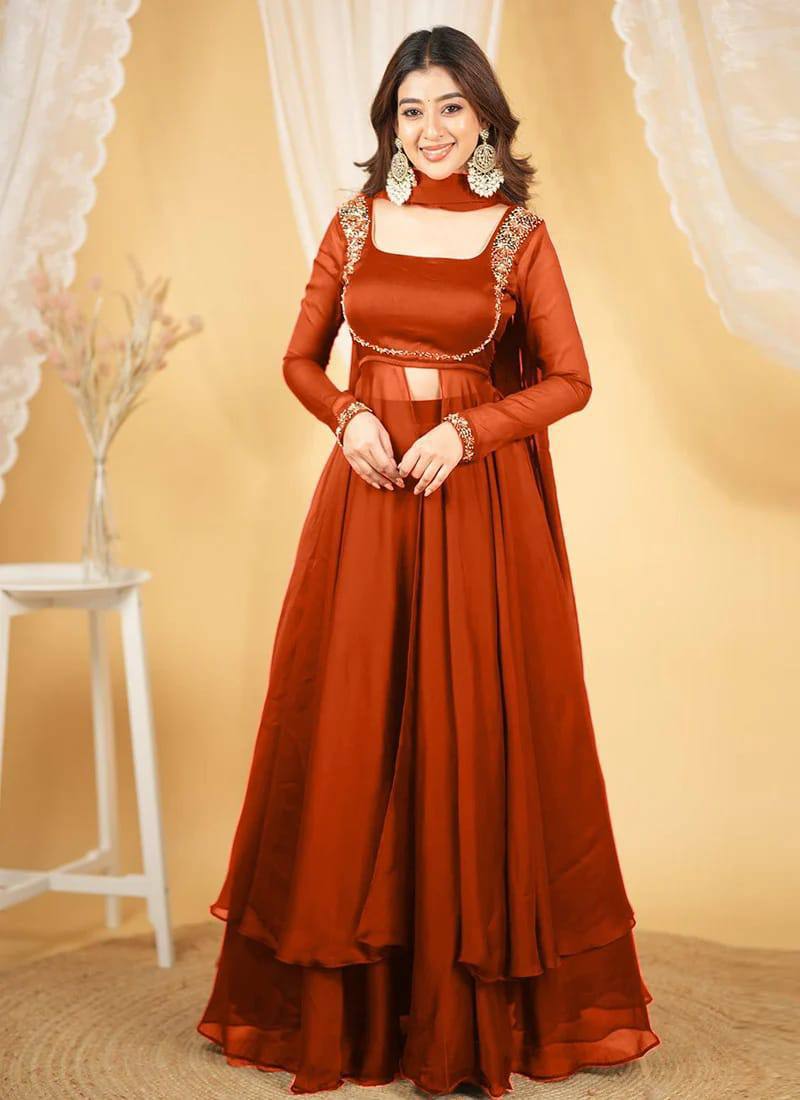 Rust Orange Silk Anarkali Suit Set with Handwork & Dupatta