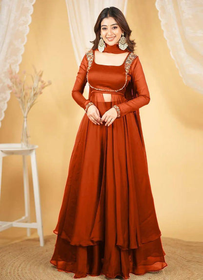 Rust Orange Silk Anarkali Suit Set with Handwork & Dupatta
