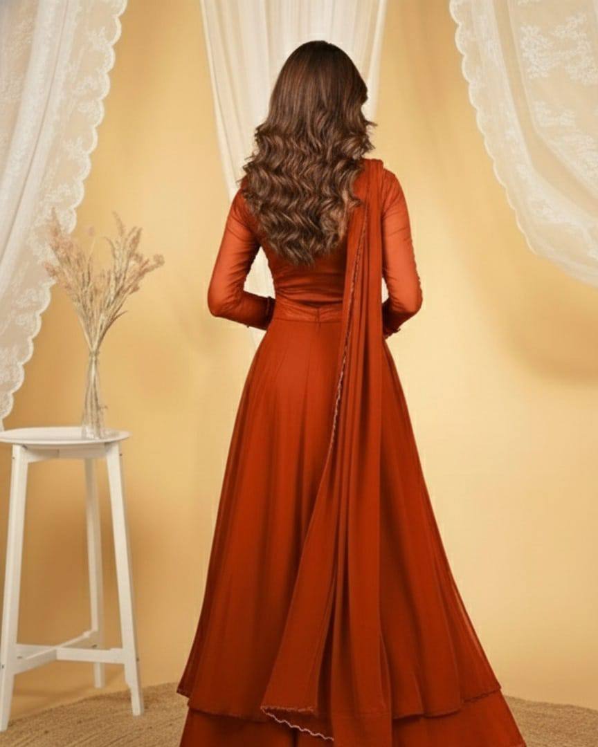Rust Orange Silk Anarkali Suit Set with Handwork & Dupatta