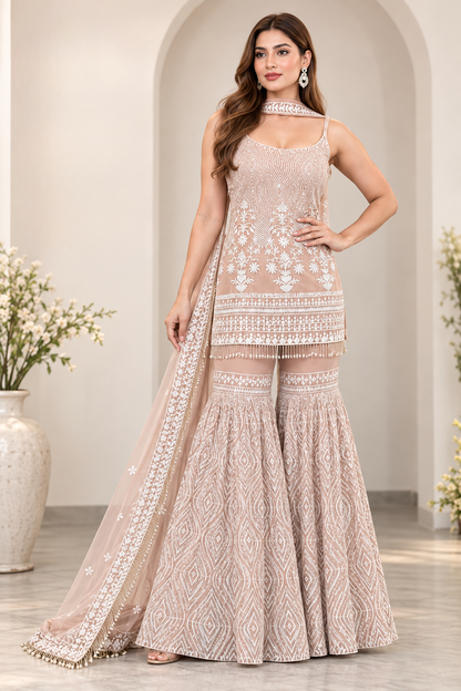 Beige Net Designer Sharara Suit Set with Embroidery & Dupatta