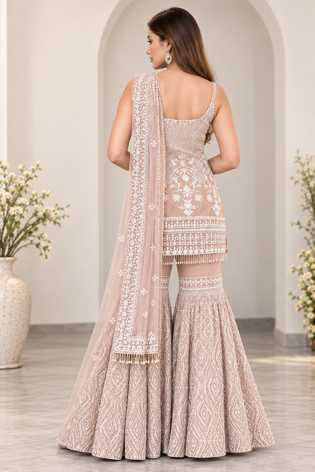 Beige Net Designer Sharara Suit Set with Embroidery & Dupatta