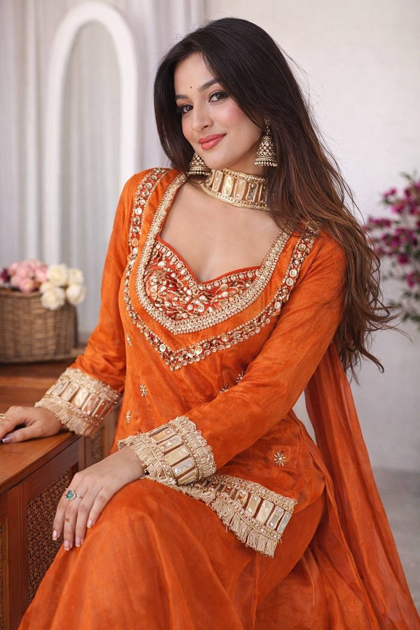 Rust Orange Silk Anarkali Suit Set with Real Mirror Work & Embroidered Dupatta