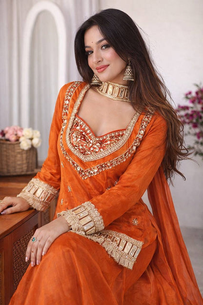 Rust Orange Silk Anarkali Suit Set with Real Mirror Work & Embroidered Dupatta
