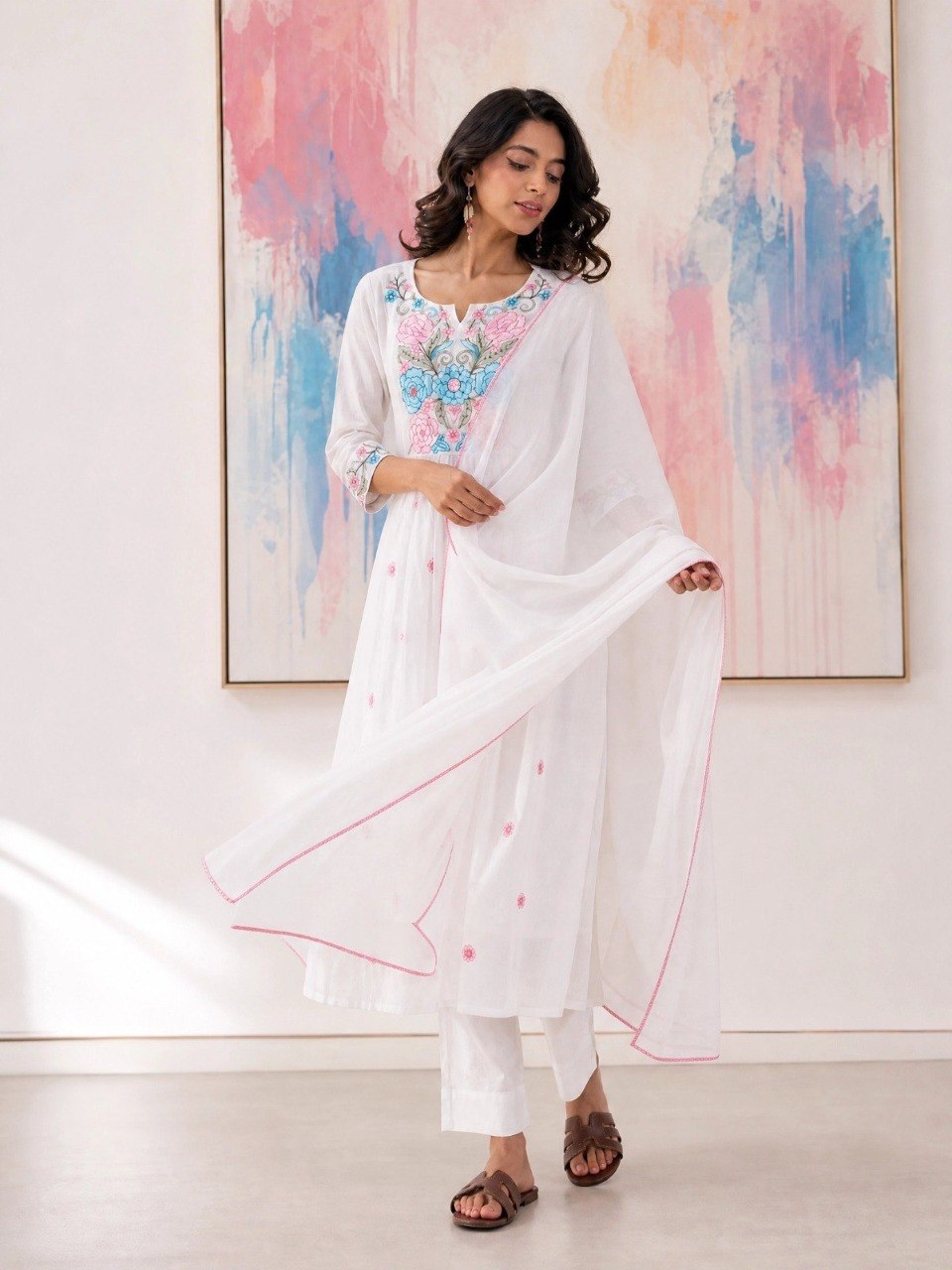 White Floral Embroidered Chanderi Anarkali Suit Set