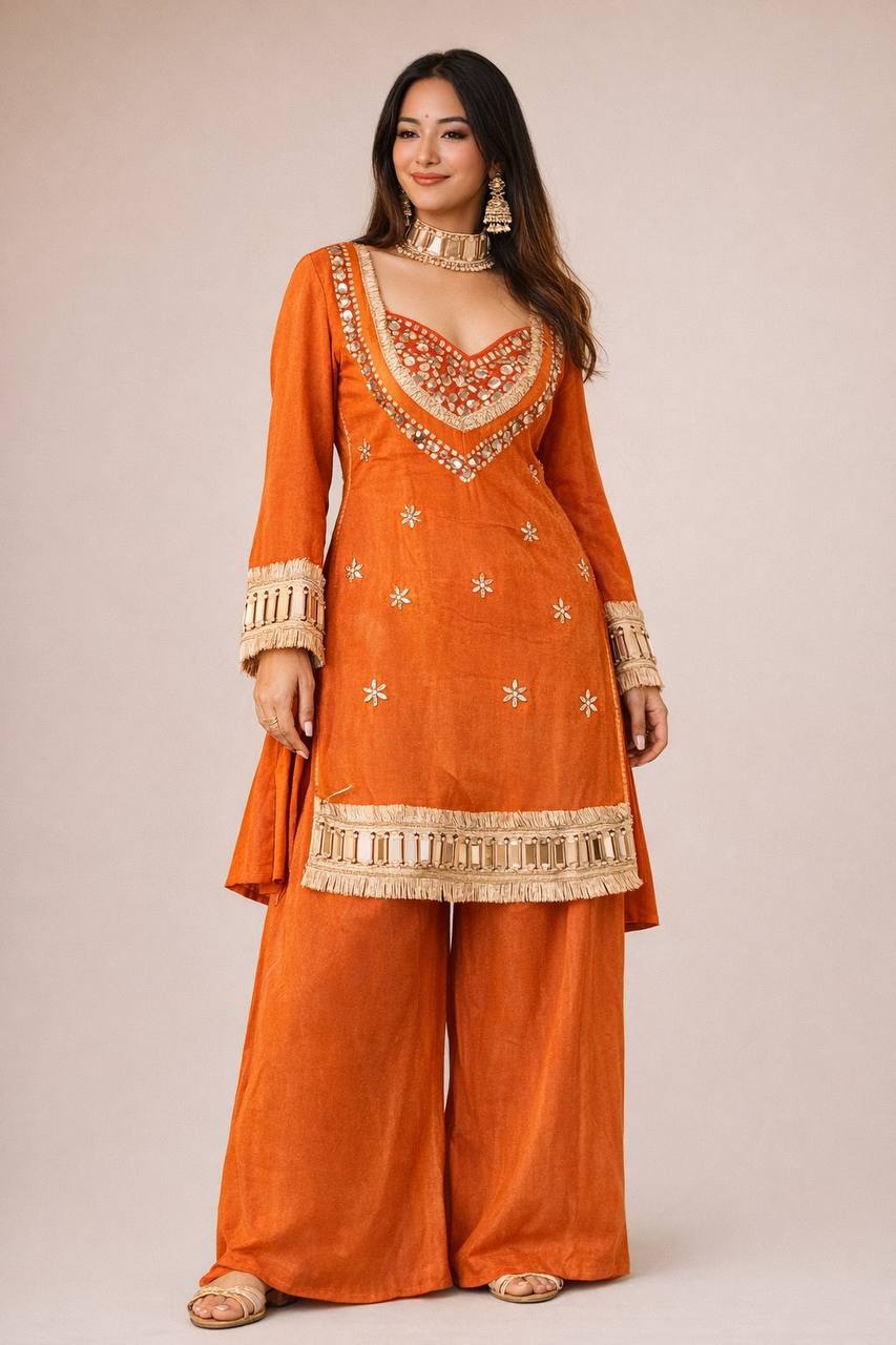 Rust Orange Silk Anarkali Suit Set with Real Mirror Work & Embroidered Dupatta
