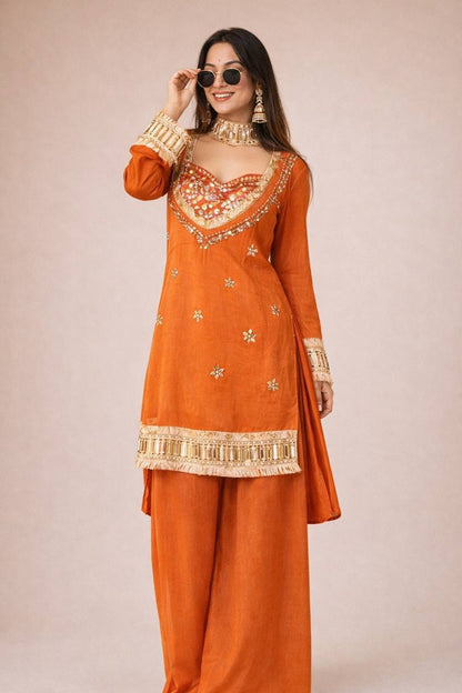 Rust Orange Silk Anarkali Suit Set with Real Mirror Work & Embroidered Dupatta