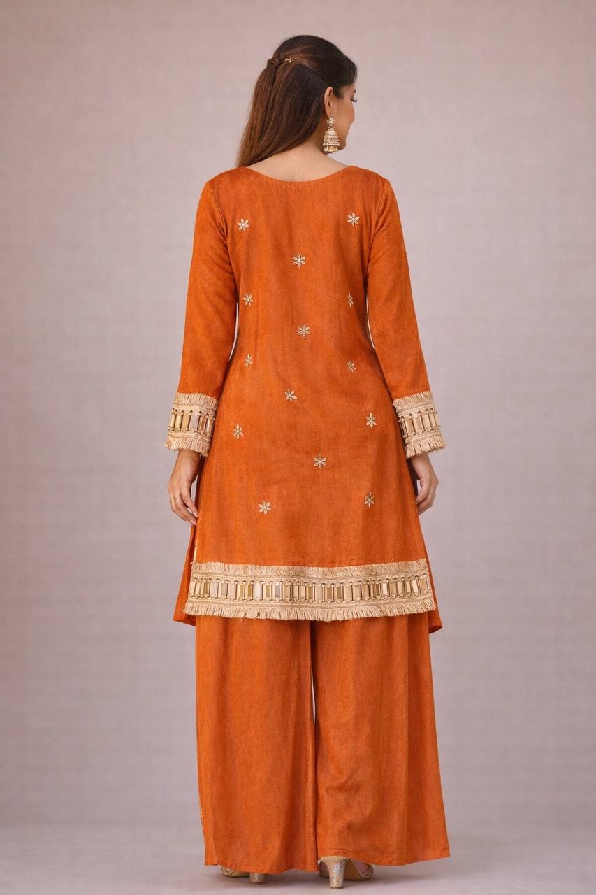 Rust Orange Silk Anarkali Suit Set with Real Mirror Work & Embroidered Dupatta